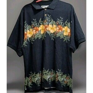 VTG Island Republic Polo Shirt L Black Floral Hawaiian 90s Aloha Cotton Tropic